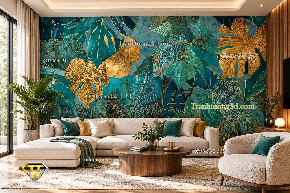 Tranh lá cây nhiệt đới xanh ngọc viền vàng dán tường phòng khách ab1925002311