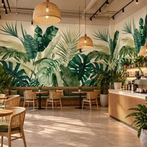 Tranh lá cây nhiệt đới xanh tươi dán tường toàn quán cafe ab579079108