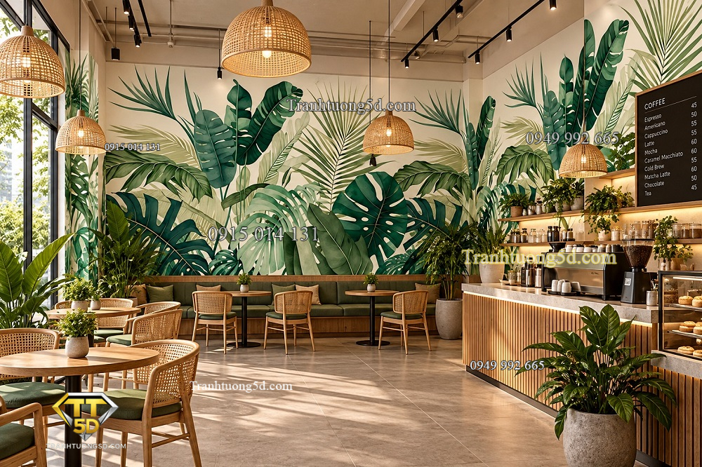 Tranh lá cây nhiệt đới xanh tươi dán tường toàn quán cafe ab579079108 Tranh lá cây nhiệt đới xanh tươi dán tường toàn quán cafe ab579079108