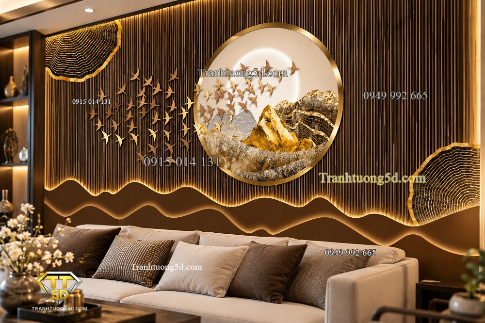 Tranh lam sóng dán tường phòng khách sơn thủy đàn chim vàng sang trọng bp10676