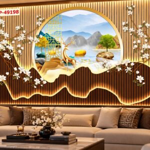 Tranh lam sóng dán tường phòng khách sơn thủy hươu vàng hoa mai bp49198
