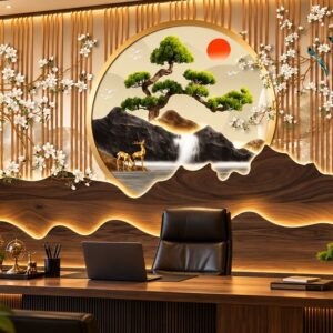 Tranh lam sóng dán tường phòng làm việc sơn thủy tùng hạc hươu vàng bp49194