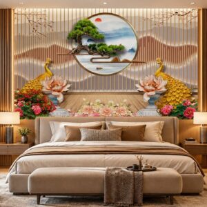 Tranh lam sóng dán tường phòng ngủ sơn thủy tùng hạc hoa sen bp10046