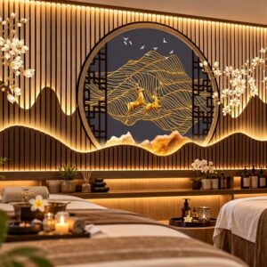 Tranh lam sóng dán tường phòng spa hươu vàng sơn thủy hoa mai bp10934