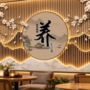 Tranh lam sóng dán tường quán cafe chữ hán sơn thủy hoa mai bp49189