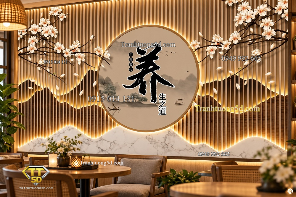 Tranh lam sóng dán tường quán cafe chữ hán sơn thủy hoa mai bp49189