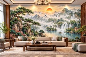 Tranh phong cảnh sơn thủy tùng hạc dán tường phòng khách th71020265