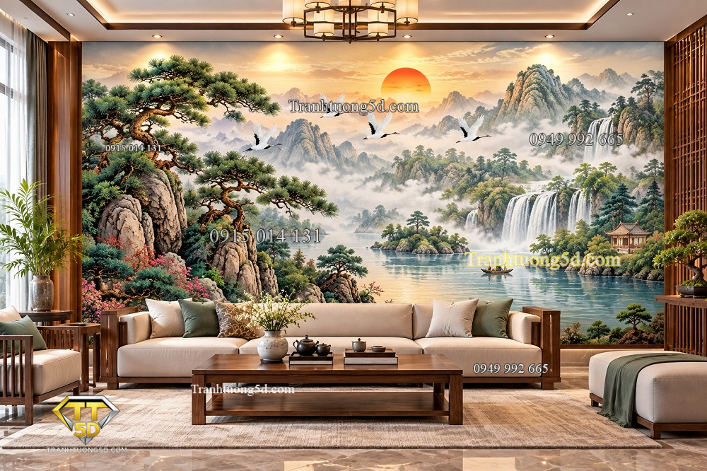Tranh phong cảnh sơn thủy tùng hạc dán tường phòng khách th71020265
