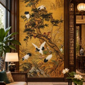Tranh tùng hạc diên niên cổ điển dán tường phòng khách indochine th71020263