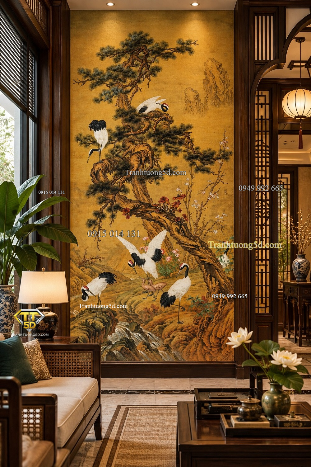 Tranh tùng hạc diên niên cổ điển dán tường phòng khách indochine th71020263