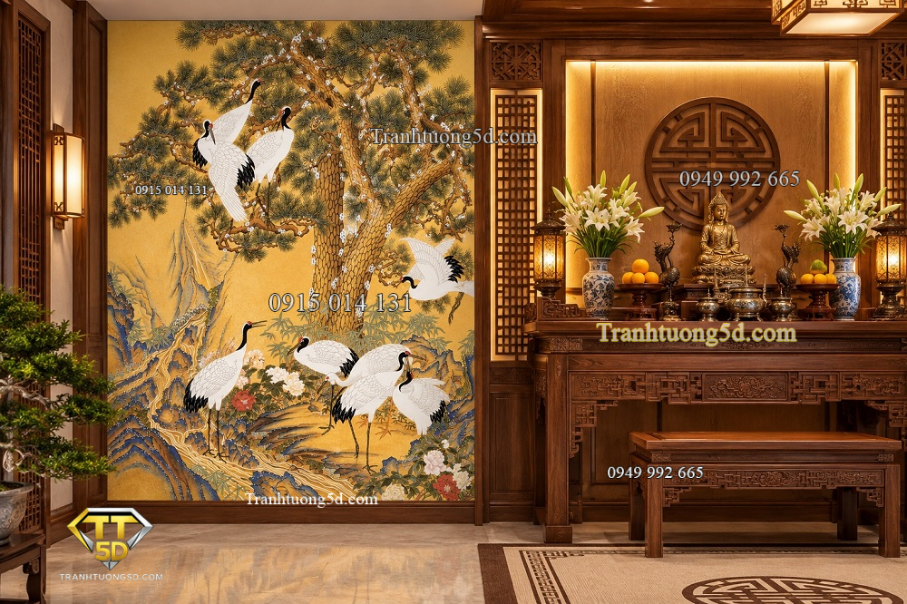 Tranh tùng hạc diên niên sơn thủy dán tường cạnh ban thờ th71020262