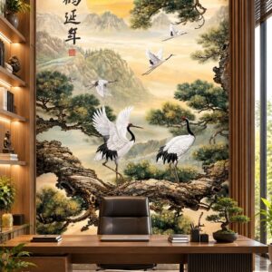 Tranh tùng hạc diên niên sơn thủy dán tường phòng làm việc th71020261
